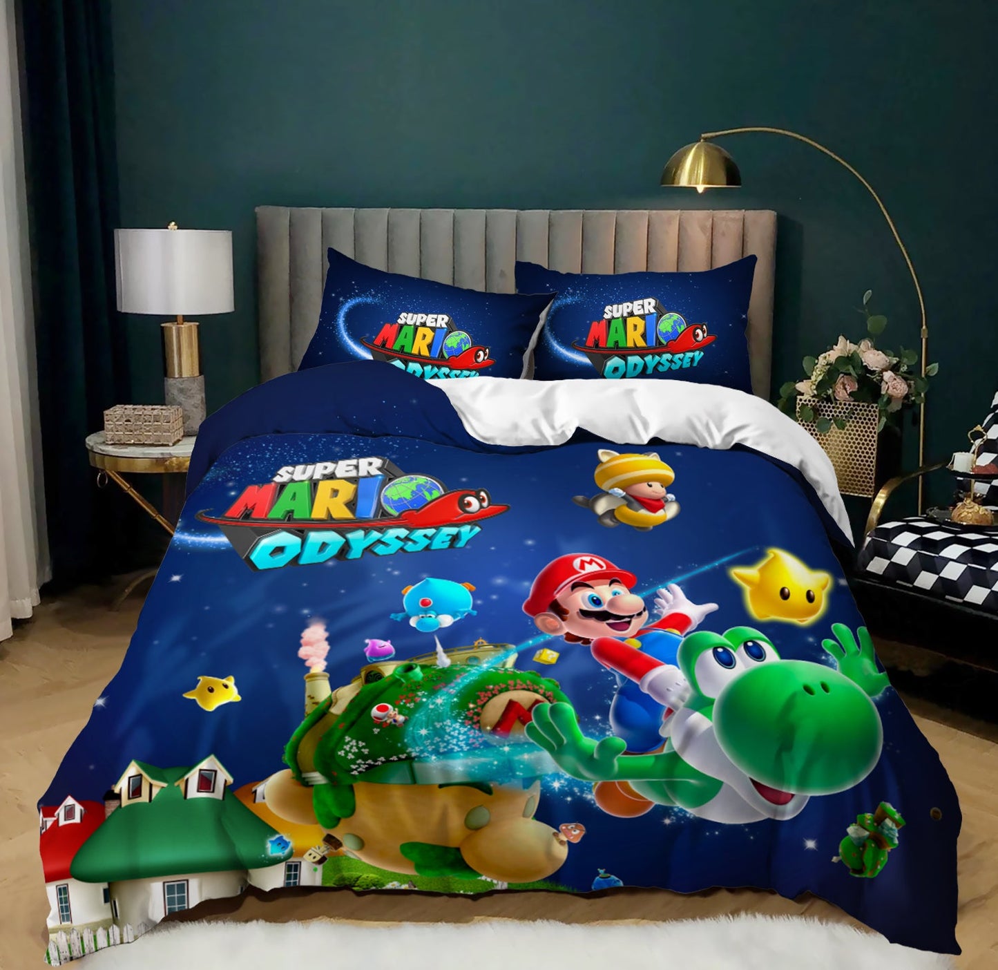 Super Mario Odyssey bedding set on a bed with a dark green wall and lamp in the background.