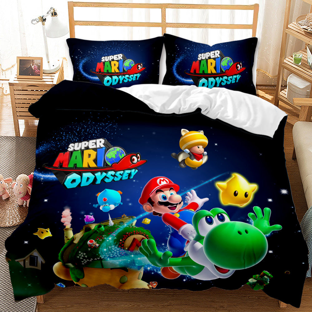 Super Mario Odyssey bedding set on a bed with room furniture in the background