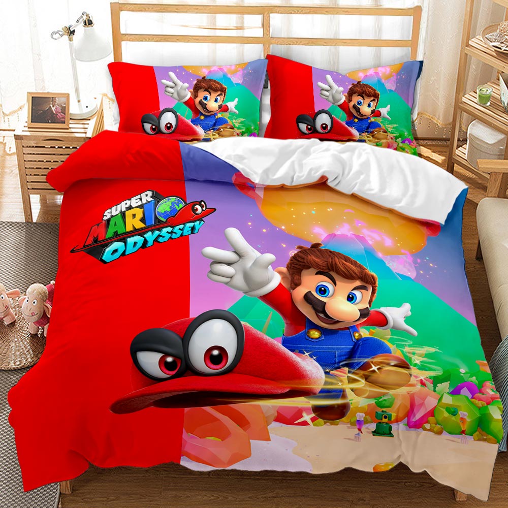 Super Mario Odyssey bedding set on a bed with colorful design