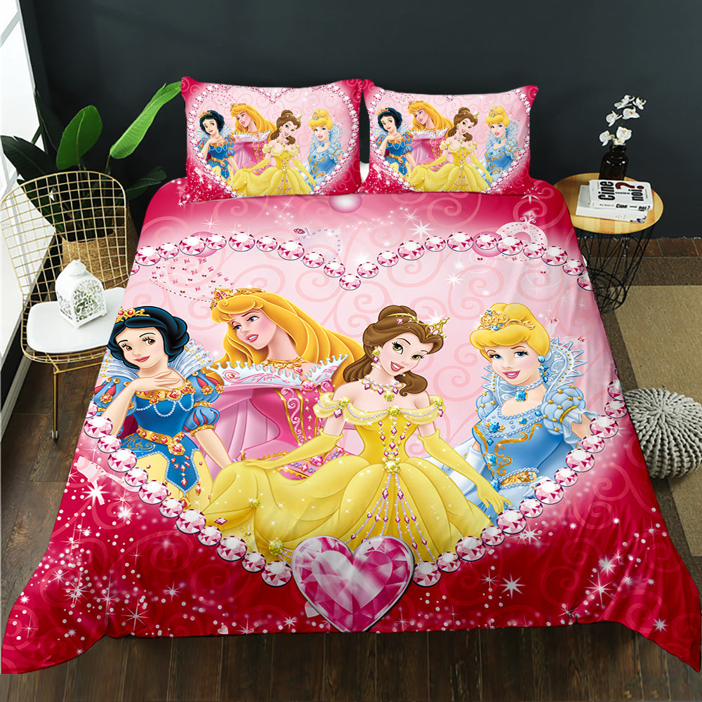 Princess-themed bedding set with four characters on a pink background