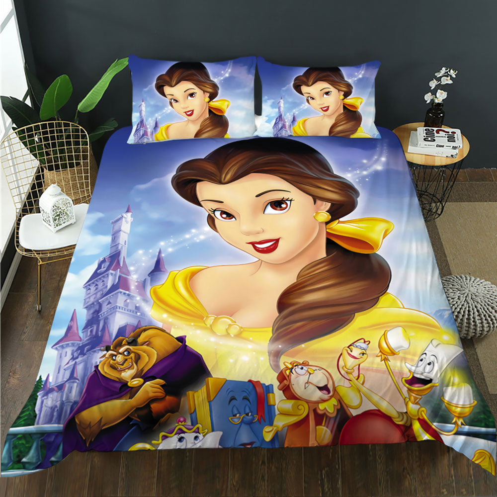Bedding set with Disney Princess Belle design featuring castle and characters.
