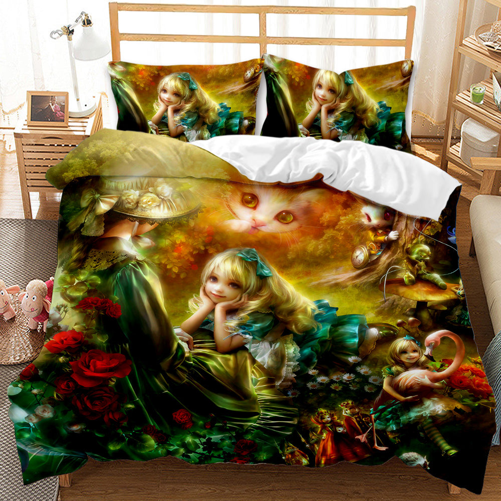 Bedding set with fairy tale design featuring a girl and cat in a fantasy scene.