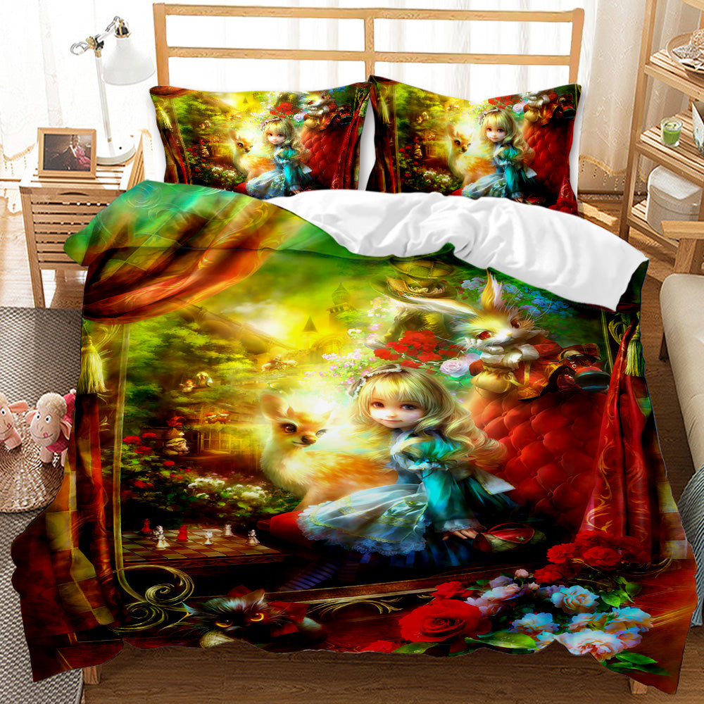 Bedding set with fairy tale design featuring a girl and fox on a bed.