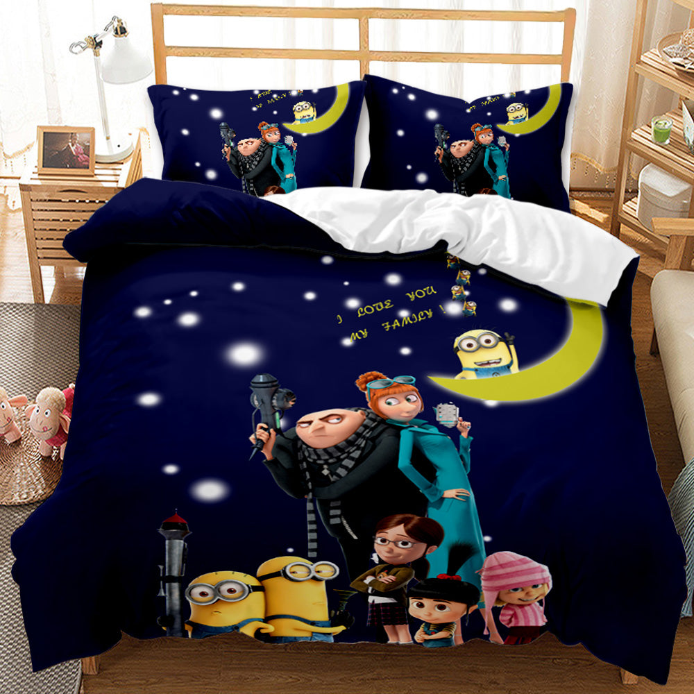 Bedding set with cartoon characters on a bed in a room.