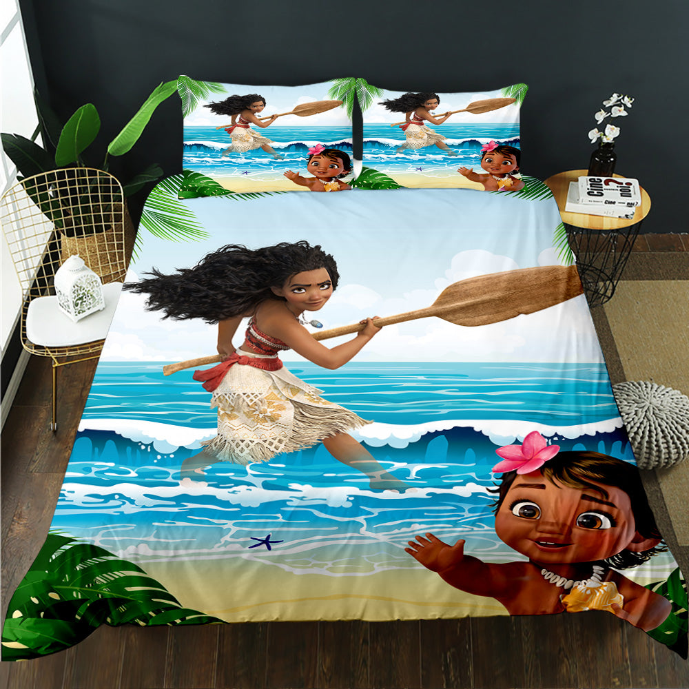 Bedding set with Moana and Maui design on a bed