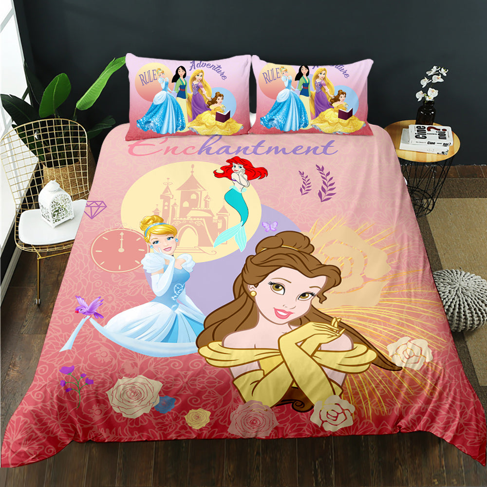 Disney princess-themed bedding set with characters on a bed in a room.