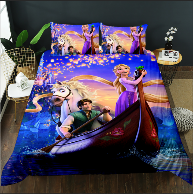 Bedding set with animated characters on a bed