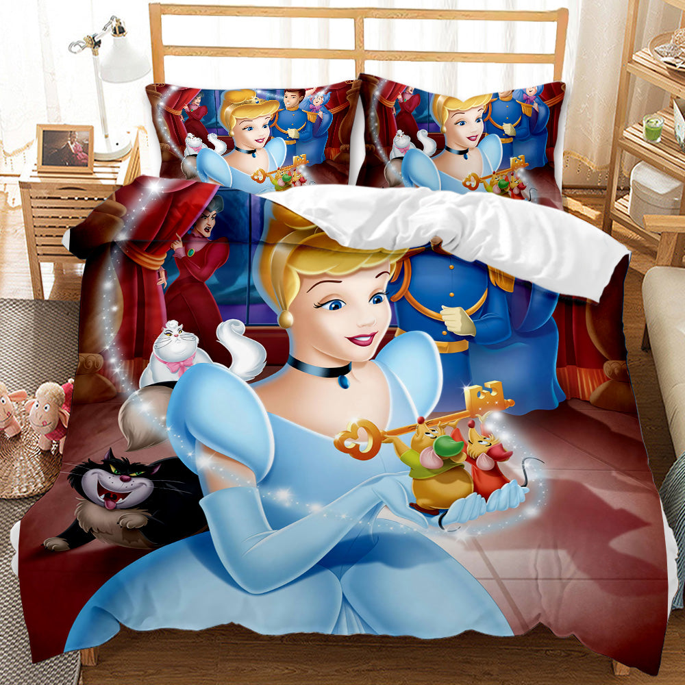 Cinderella-themed bedding set on a bed with matching pillows.
