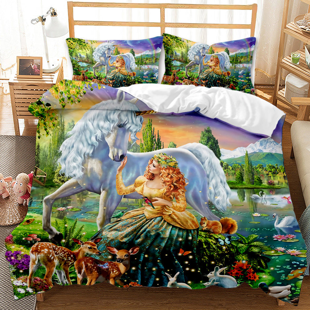 Bedding set with fantasy design featuring a unicorn and fairy in a scenic landscape.