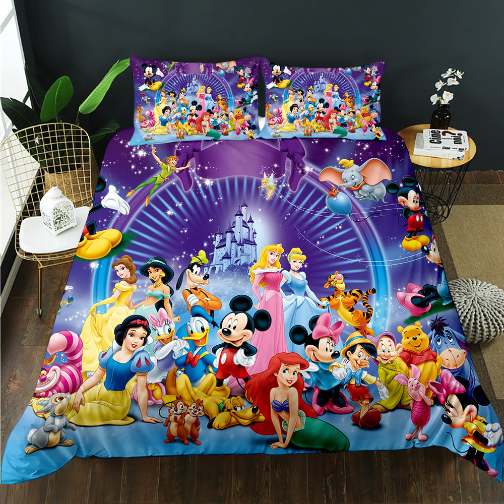 Disney-themed bedding set with characters on a bed in a room.
