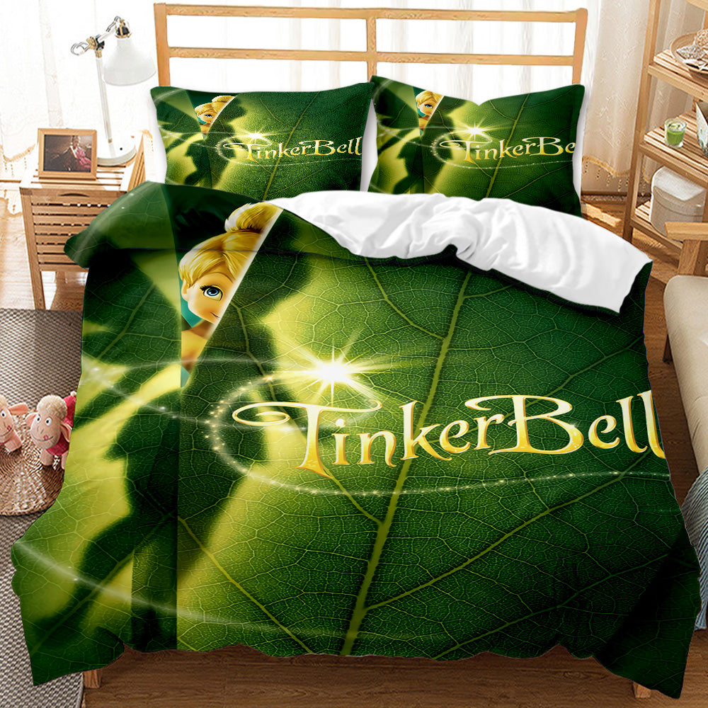 Tinker Bell-themed bedding set with green leaf design and character on a bed in a room.