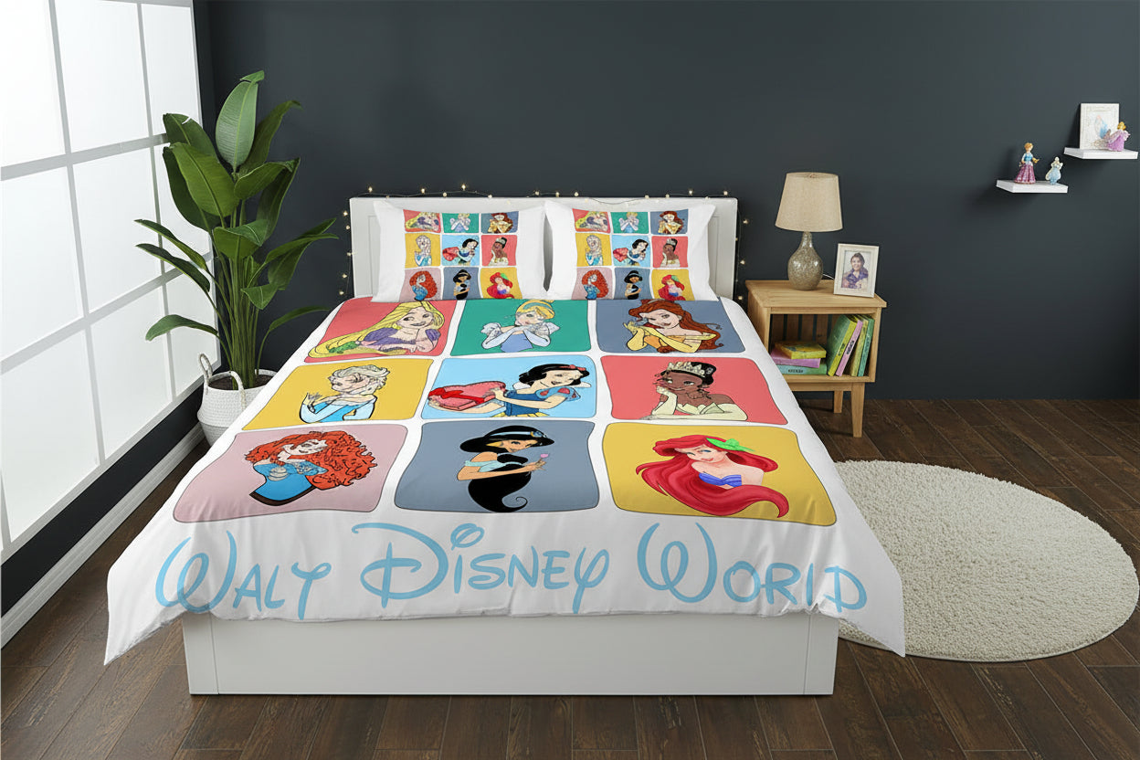 Walt Disney World princess-themed bedding set on a bed with a dark wall and plant in the background.