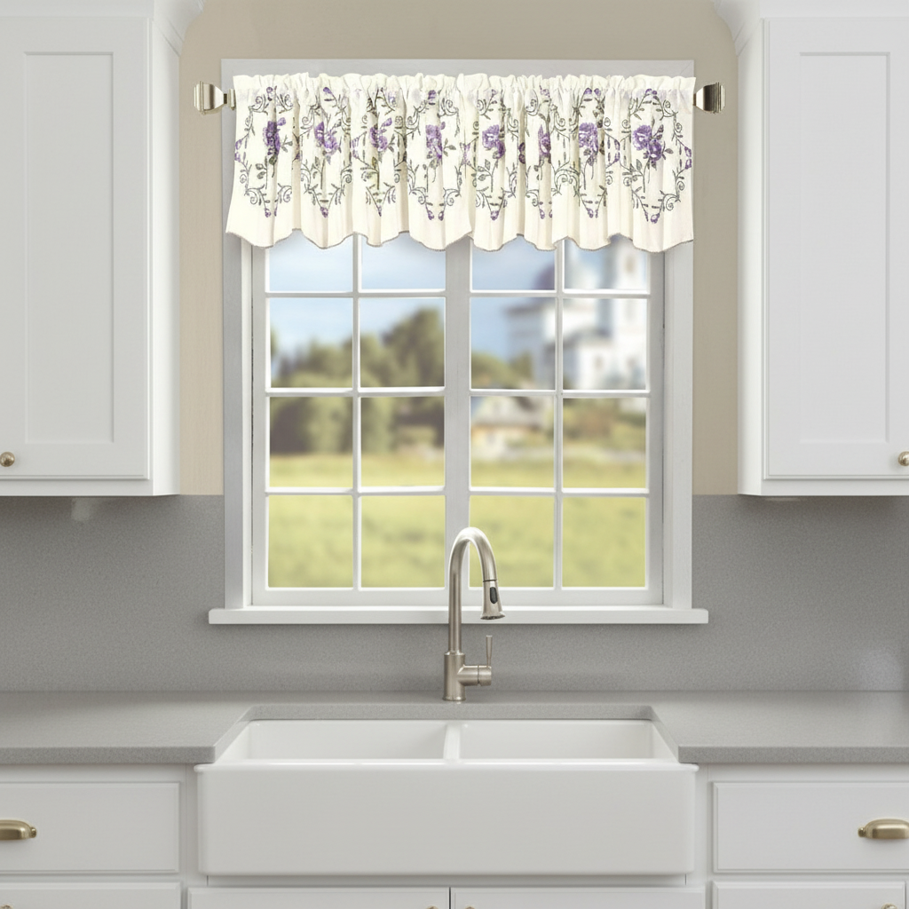 Kitchen window with a floral valance