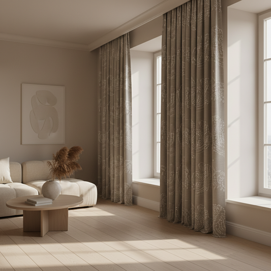 Living room with large windows, beige curtains.