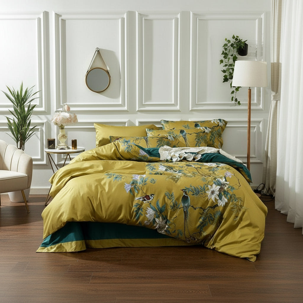 Floral Silky Satin Bird Flower Pattern Comforter Cover 3 pcs Set - Anna's Linens