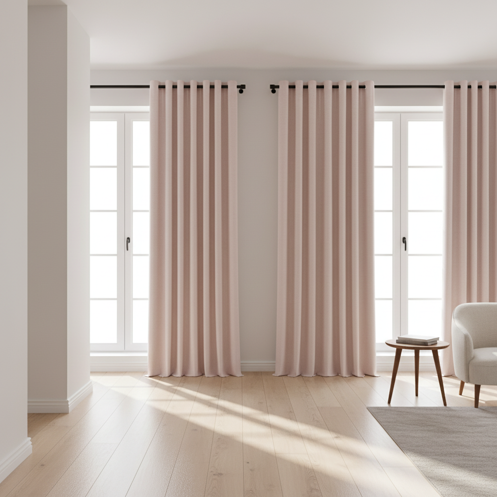 Pink curtains hanging in a room.