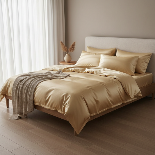 Beige bedding set on a bed in a bedroom with neutral decor
