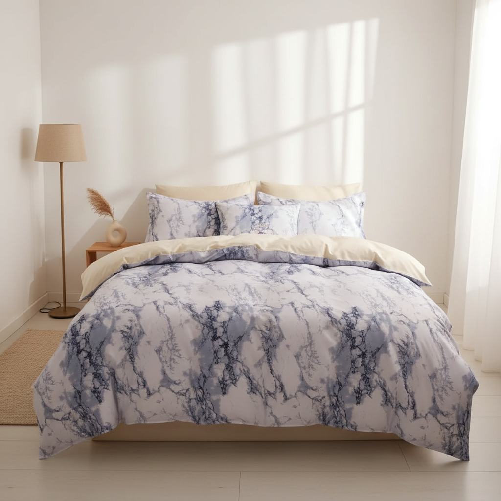 Marble-patterned comforter set on a bed in a bedroom.
