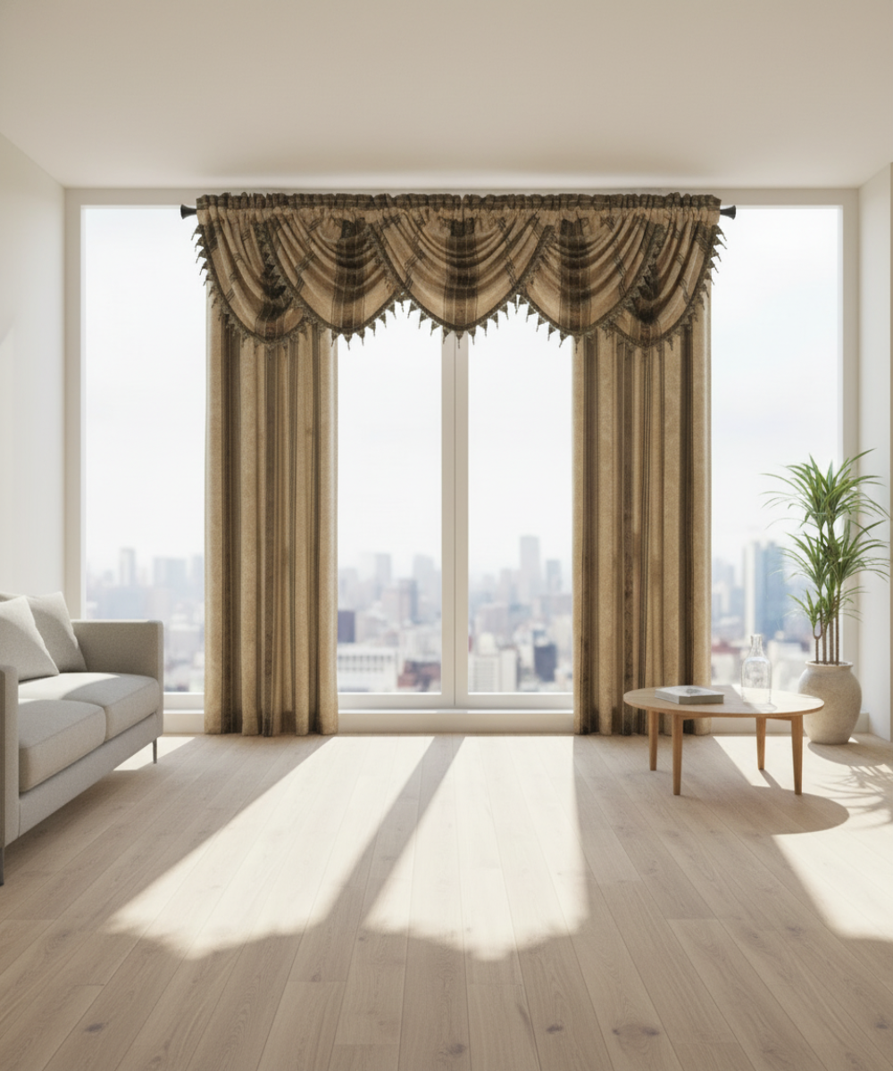 Luxurious curtain with valance in a modern living room