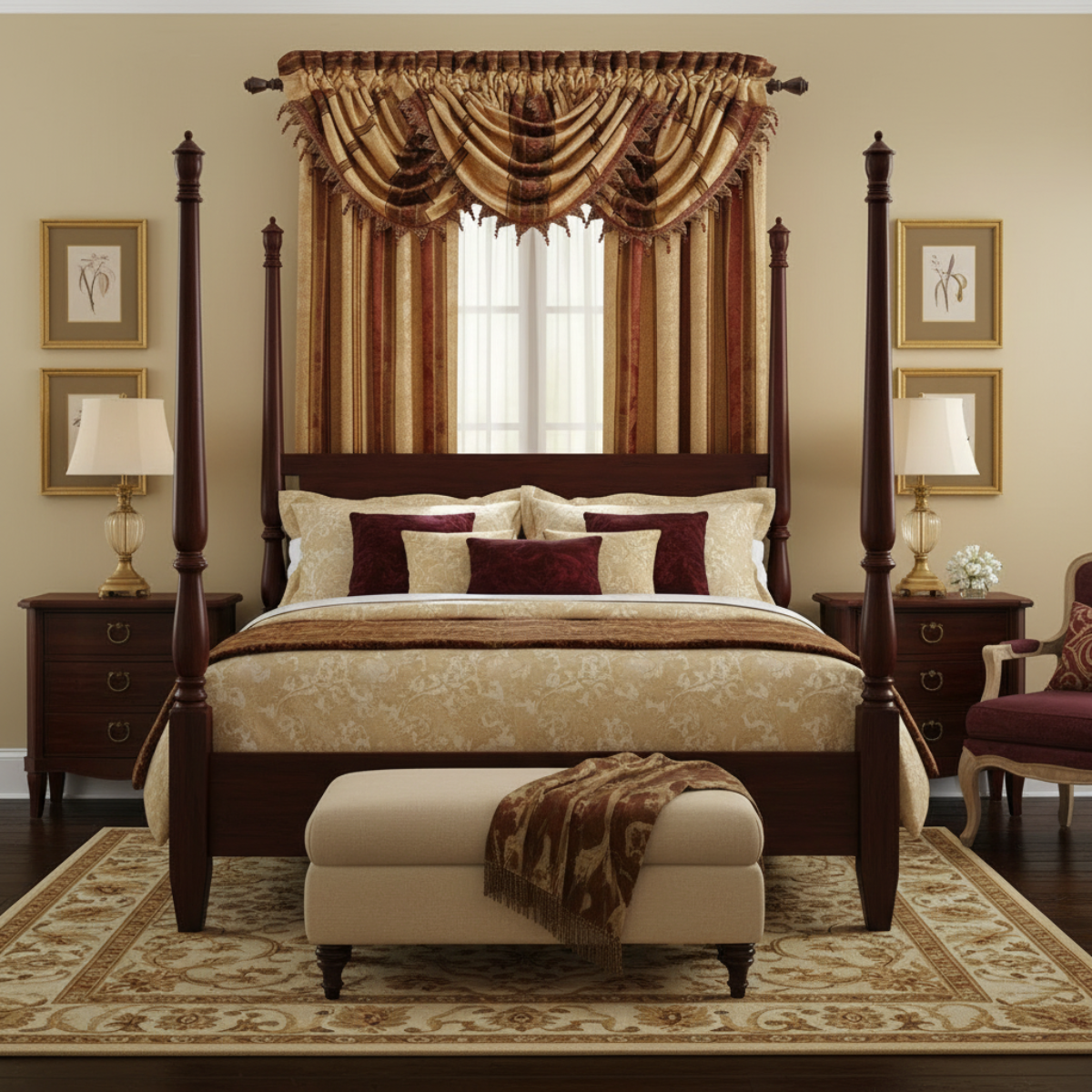 Decorative bedroom with a four-poster bed, matching curtains.