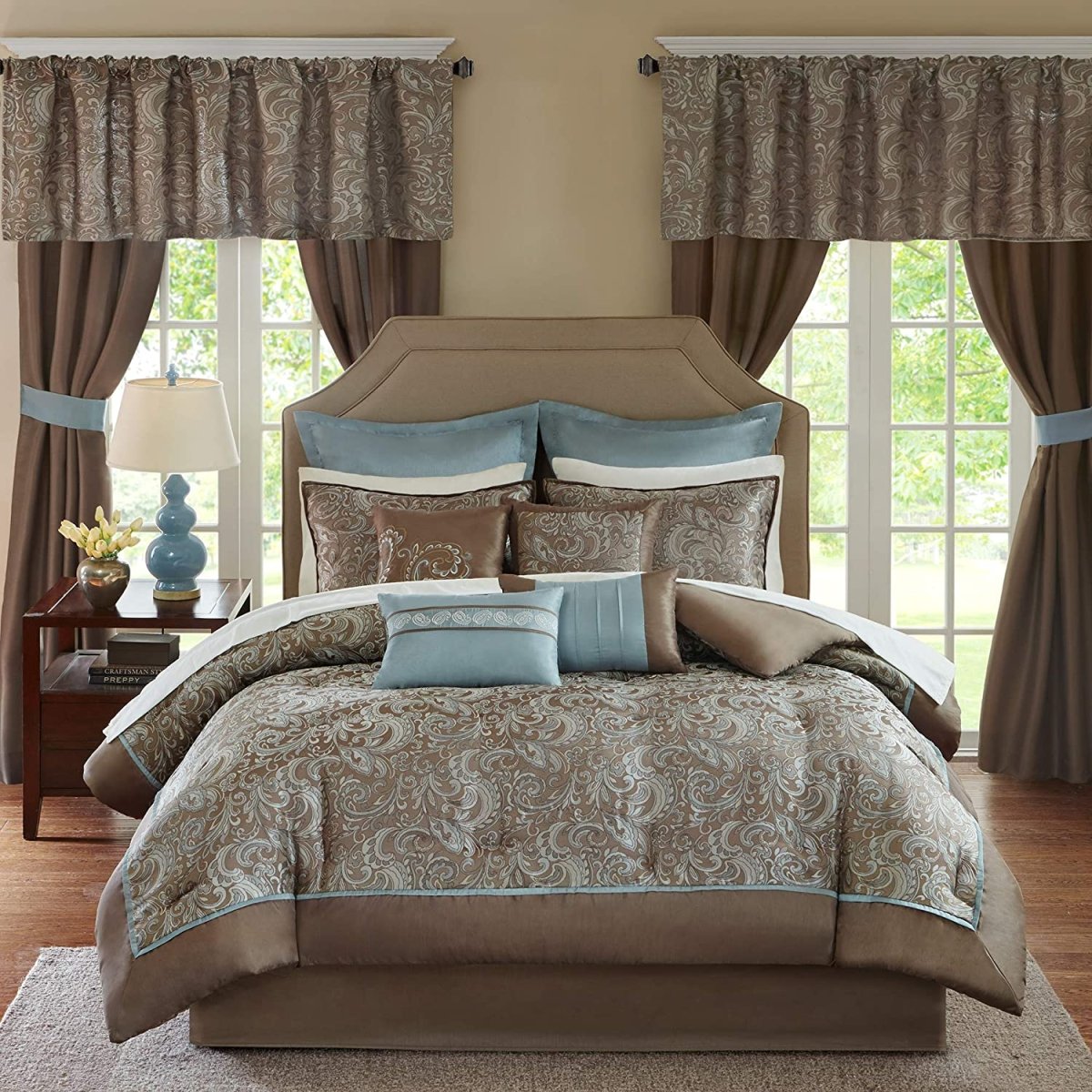 Master Bedroom 24 Piece Room in a Bag Faux Silk Hypoallergenic Down Alternative Comforter Matching Curtains - Anna's Linens