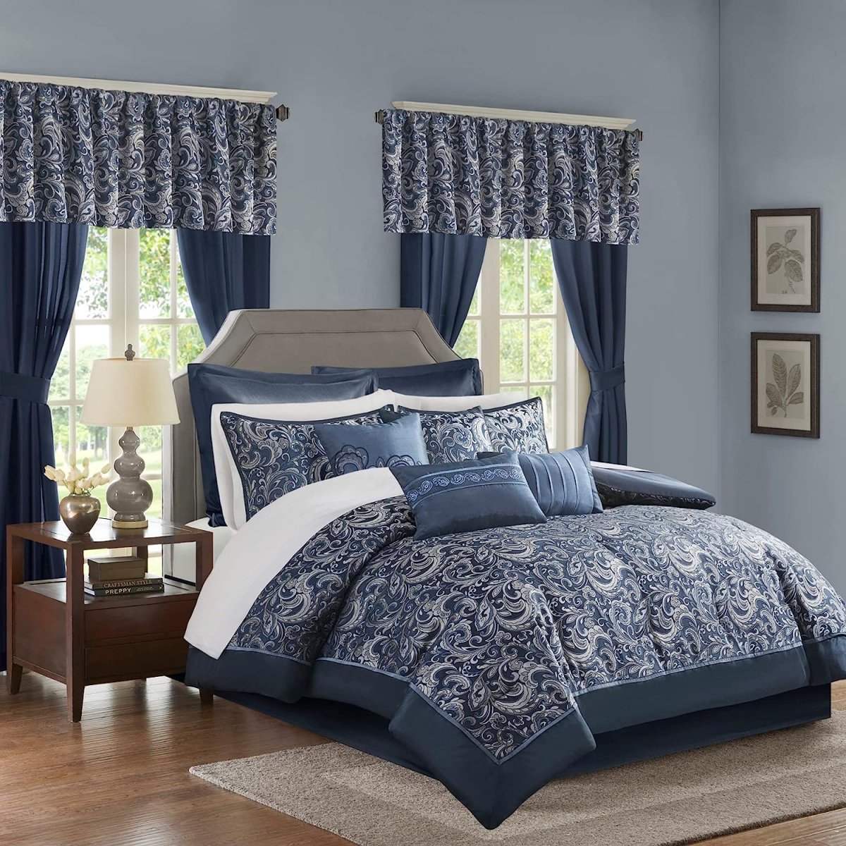 Master Bedroom 24 Piece Room in a Bag Faux Silk Hypoallergenic Down Alternative Comforter Matching Curtains - Anna's Linens