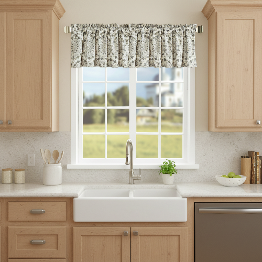Kitchen window with floral valance.