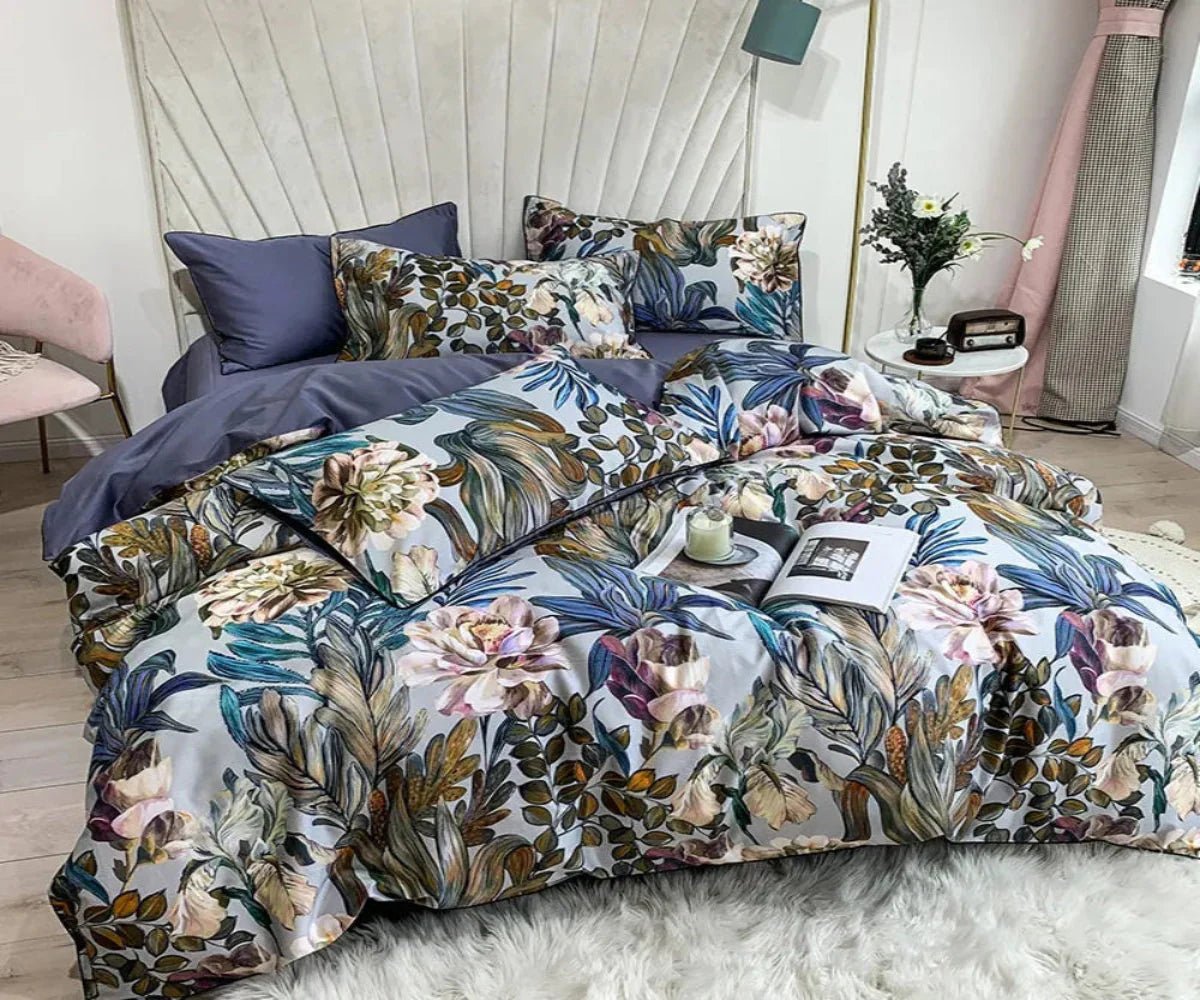 Silk Egyptian Cotton Birds Plant Duvet Cover 4 pcs Bedding Set - Anna's Linens