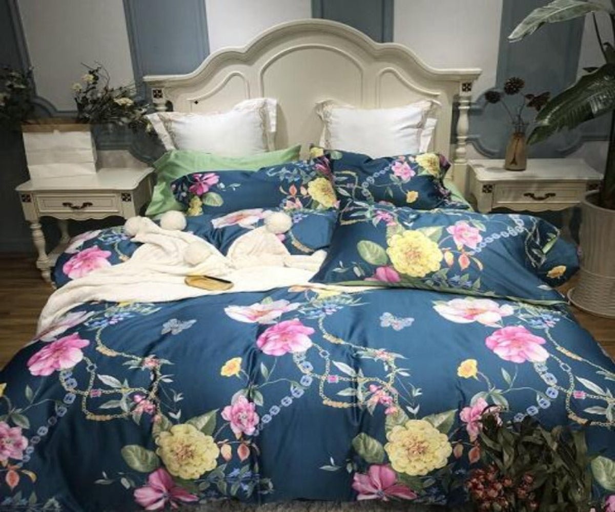 Silk Egyptian Cotton Birds Plant Duvet Cover 4 pcs Bedding Set - Anna's Linens