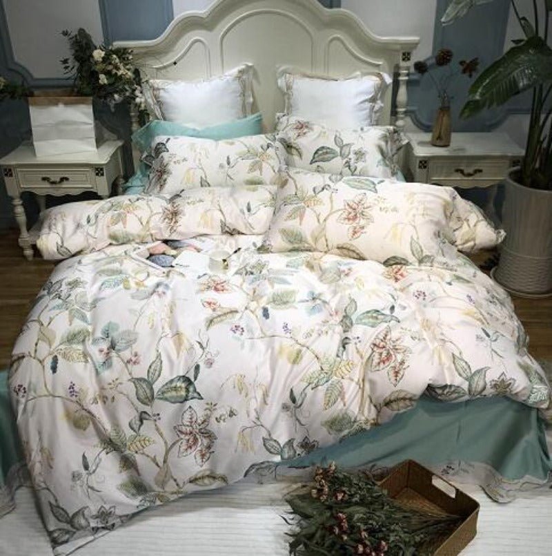 Silk Egyptian Cotton Birds Plant Duvet Cover 4 pcs Bedding Set - Anna's Linens