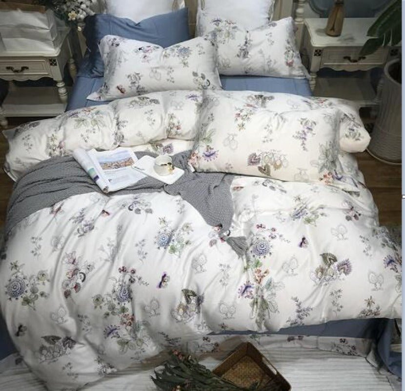Silk Egyptian Cotton Birds Plant Duvet Cover 4 pcs Bedding Set - Anna's Linens