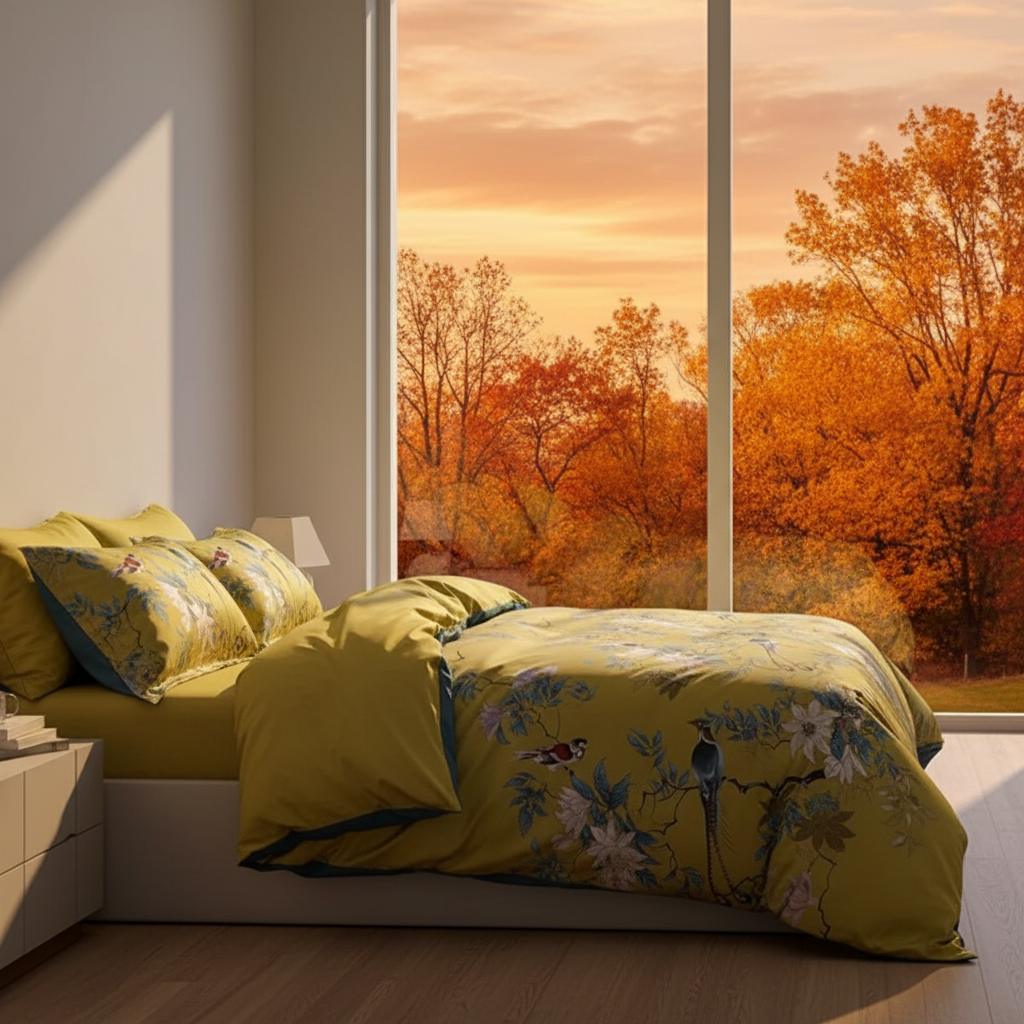 Silk Egyptian Cotton Birds Plant Duvet Cover 4 pcs Bedding Set - Anna's Linens