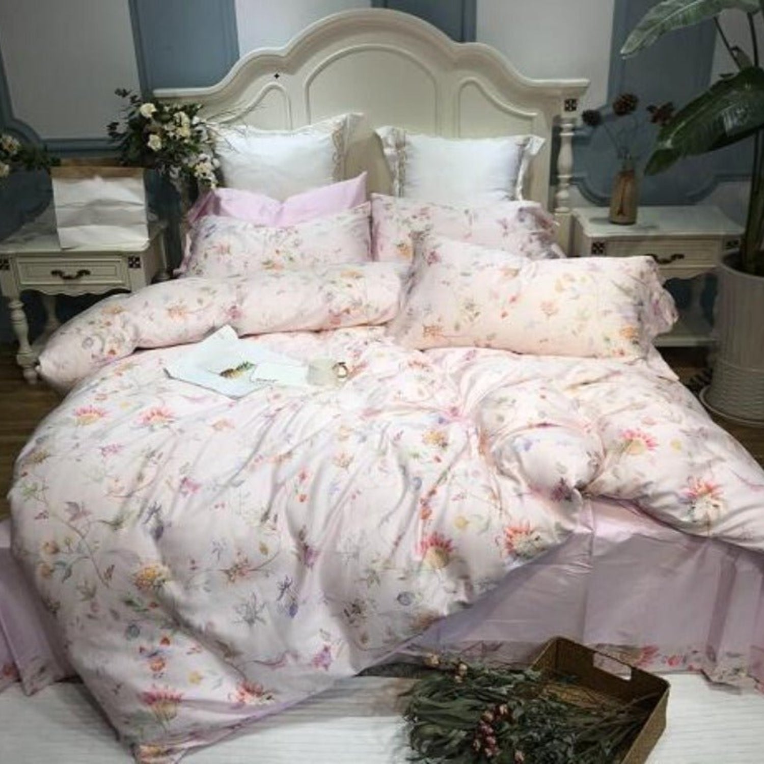 Silk Egyptian Cotton Birds Plant Duvet Cover 4 pcs Bedding Set - Anna's Linens