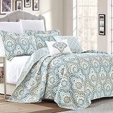 5 Piece Teal Aqua Printed Bed Cover Quilt Blanket Cotton Polyester Filled Embroidery Pillow Set - Anna's Linens Store