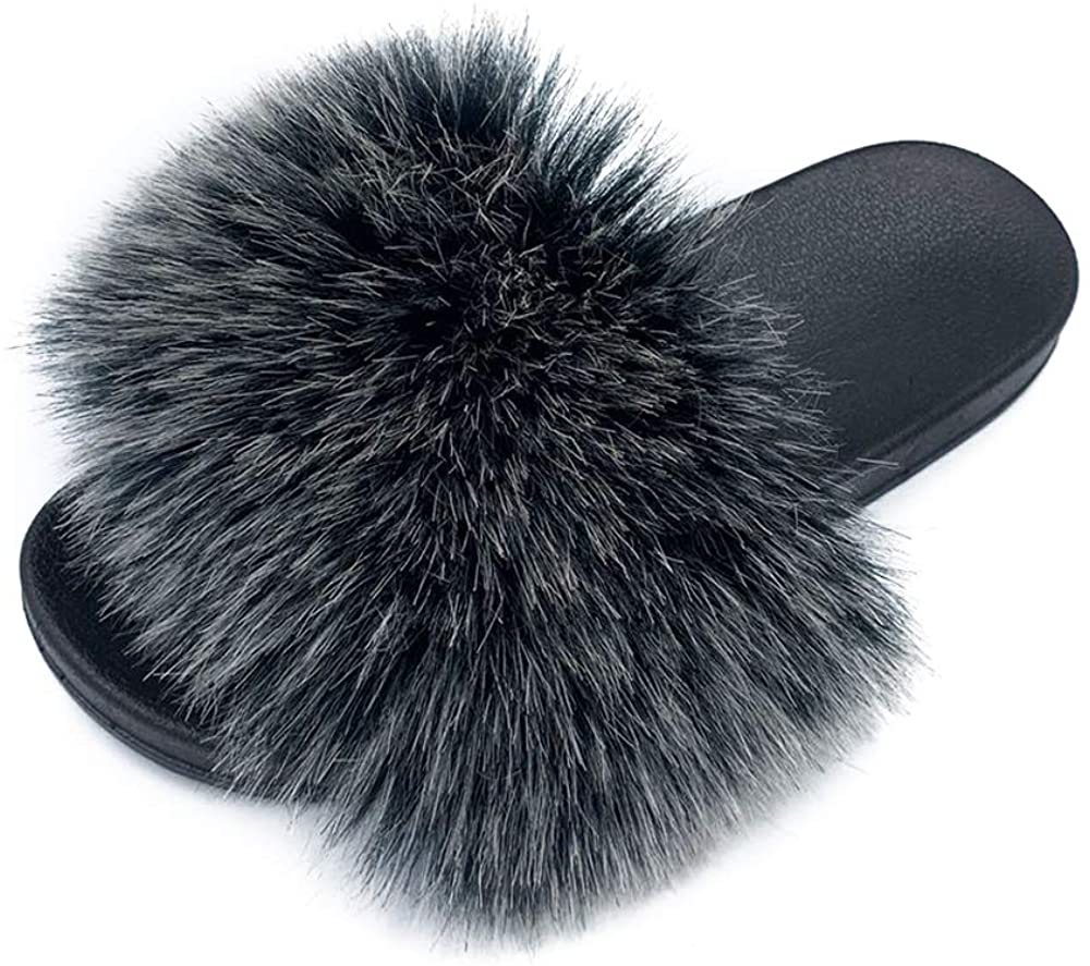 Faux Fur Slides Slippers Fluffy Fuzzy Sandals Open Toe Furry Slide Flip Flop - Anna's Linens Store