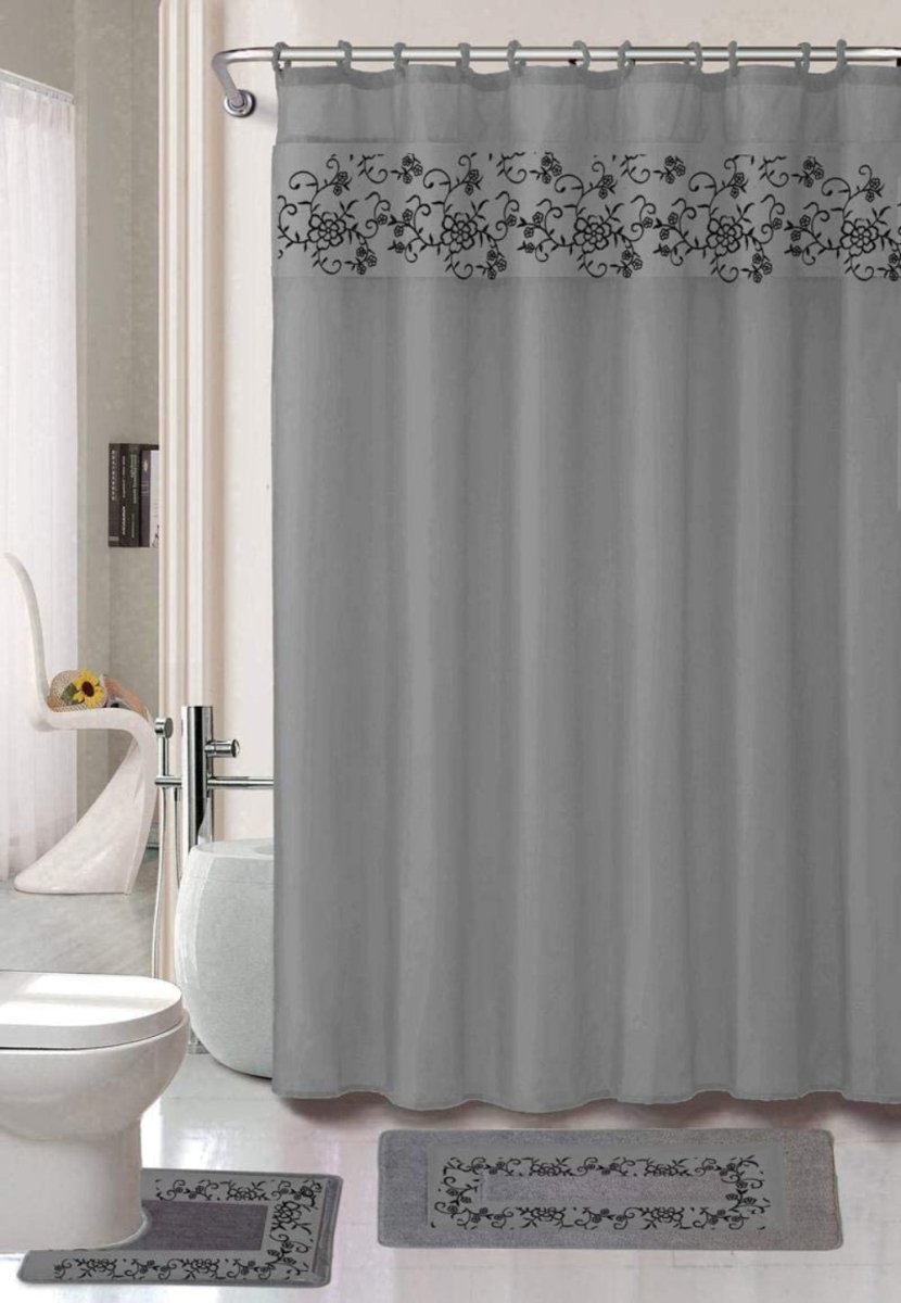 18 Pcs Shower Curtain Embroidery Bath Mat Contour Rug Towel Set - Anna's Linens