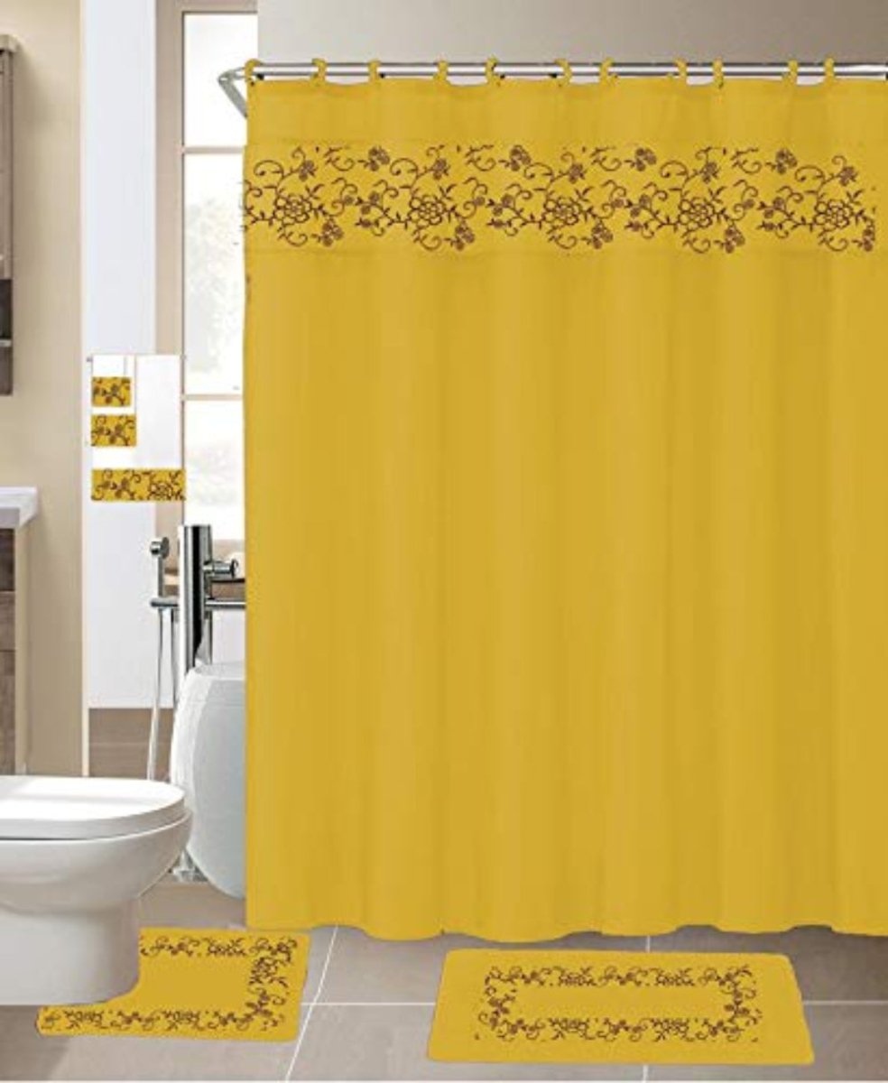 18 Pcs Shower Curtain Embroidery Bath Mat Contour Rug Towel Set - Anna's Linens