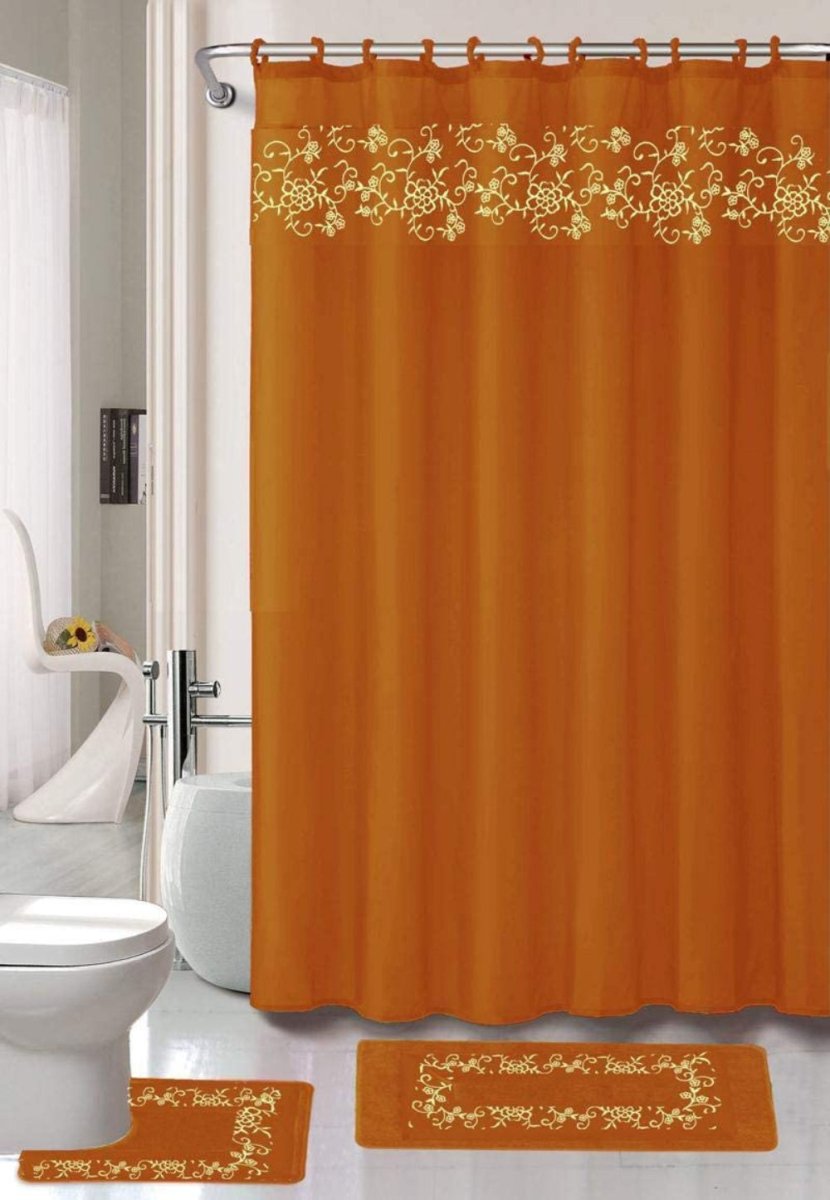 18 Pcs Shower Curtain Embroidery Bath Mat Contour Rug Towel Set - Anna's Linens