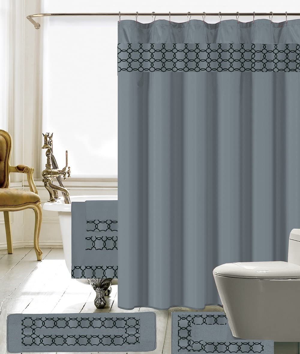 18 Piece Embroidery Banded Shower Curtain Bath Set | Anna's Linens