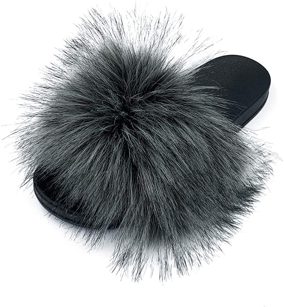 Faux Fur Slides Slippers Fluffy Fuzzy Sandals Open Toe Furry Slide Flip Flop - Anna's Linens Store