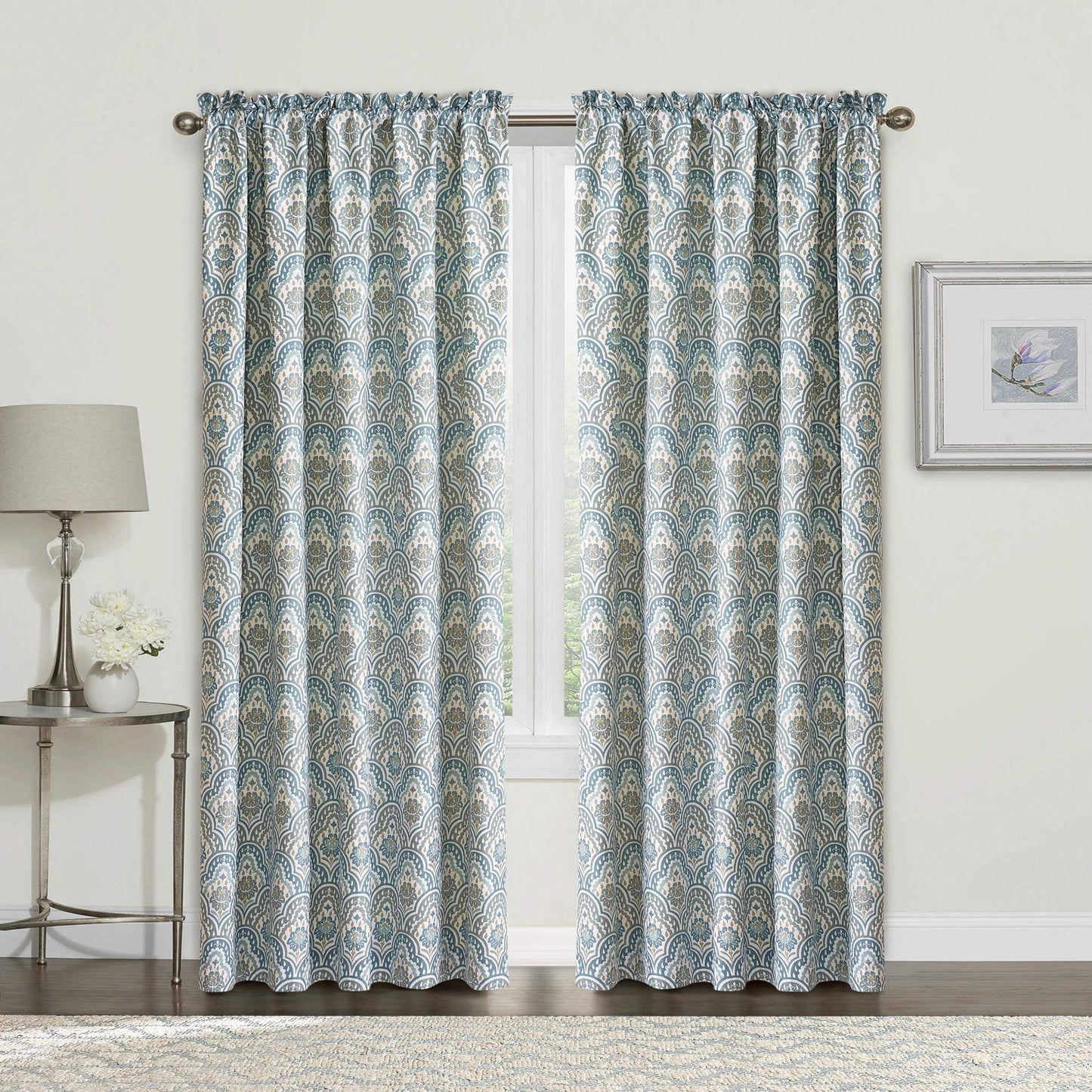 2 Piece Printed Mini Tivoli Curtain Set Teal 60" x 84" | Anna's Linens