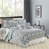 5 Piece Teal Aqua Printed Bed Cover Quilt Blanket Cotton Polyester Filled Embroidery Pillow Set - Anna's Linens Store