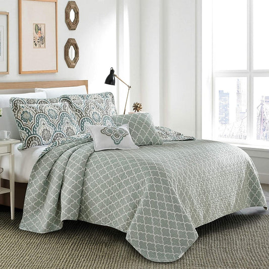 5 Piece Teal Aqua Printed Bed Cover Quilt Blanket Cotton Polyester Filled Embroidery Pillow Set - Anna's Linens