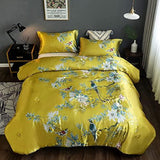 Floral Silky Satin Comforter Set Bird Flower Pattern Bedding Set Sexy Luxury Quilt Set Comforter with Pillowcases - Anna's Linens Store
