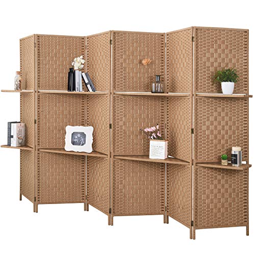 6 ft Tall Extra Wide 6 Panels Room Divider Folding Screen 2 Display Shelves - Anna's Linens