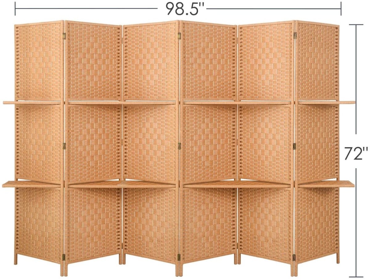 6 ft Tall Extra Wide 6 Panels Room Divider Folding Screen 2 Display Shelves - Anna's Linens