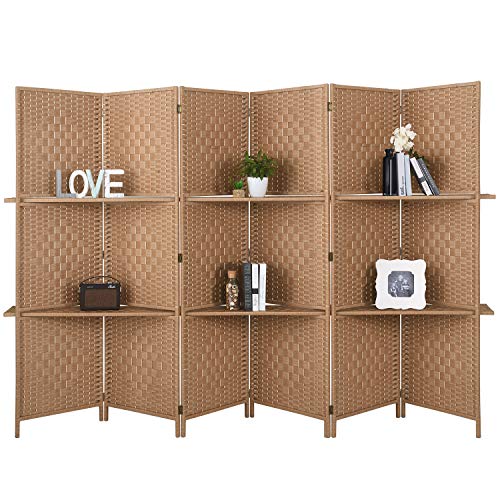 6 ft Tall Extra Wide 6 Panels Room Divider Folding Screen 2 Display Shelves - Anna's Linens