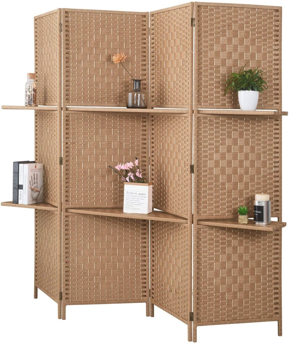 6 ft Tall Extra Wide 6 Panels Room Divider Folding Screen 2 Display Shelves - Anna's Linens