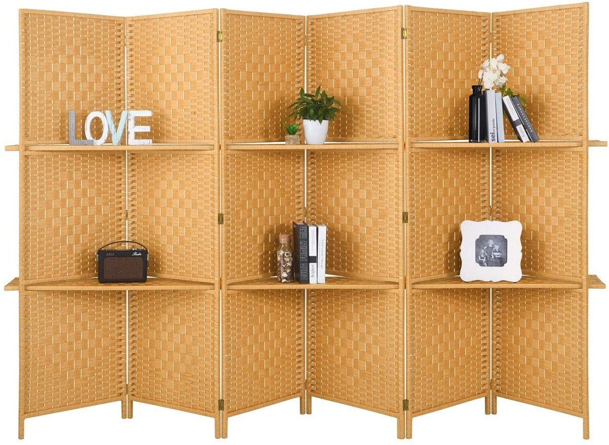 6 ft Tall Extra Wide 6 Panels Room Divider Folding Screen 2 Display Shelves - Anna's Linens