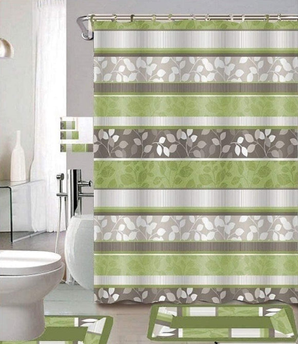 18 Pieces Shower Curtain with Matching Fabric Hook Embroidery Bath MatContour Rug and Towel Set